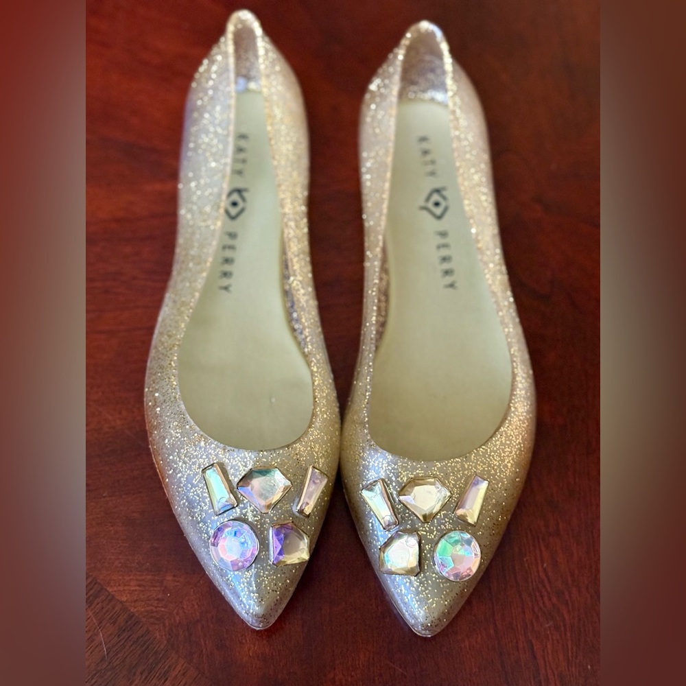 Katy Perry Collections Sparkling Princess Gold Flats with Gem Accents Size 9